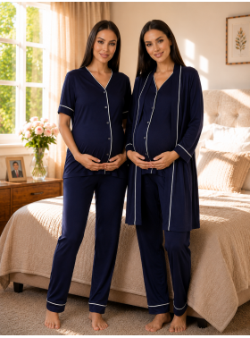 Effortt 3074 LACİVERT Sabahlıklı Hamile Lohusa Pijama Takımı